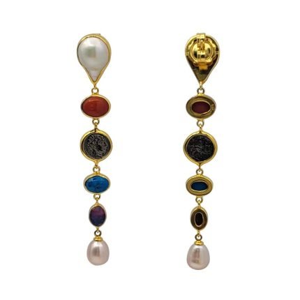 cercei lungi din argint aurit cu pietre semipretioase