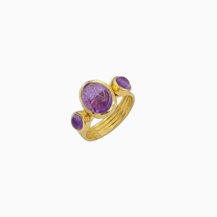 Inel din Argint 925 Placat cu Aur Galben cu Trei Ametiste Cabochon