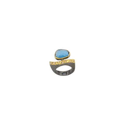 Inel sculptural din argint 925 rodiat negru și aurit, cu topaz albastru natural și zirconiu
