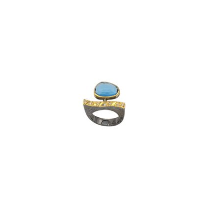 Inel sculptural din argint 925 rodiat negru și aurit, cu topaz albastru natural și zirconiu