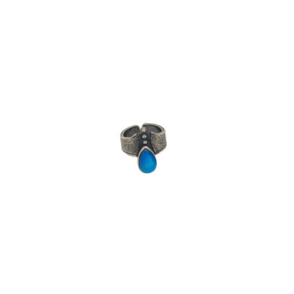 Inel din argint 925 oxidat cu topaz albastru natural cabochon în formă de pară