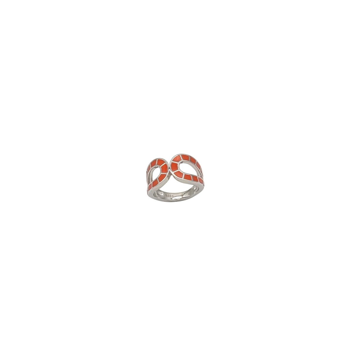 Inel din argint 925 cu mozaic din coral roșu natural, model geometric curbat